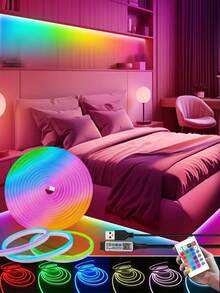 24鍵遙控 RGB LED 霓虹燈條，可調光，RGB 霓虹燈智能 APP 控制 LED 室內串燈，DIY 柔性 LED 燈條－柔和色彩，適合臥室、派對、廚房、節日。易於安裝。萬聖節聖誕裝飾柔性矽膠，適用於招牌、臥室、遊戲室和派對裝飾 - 彩色光 - 查看 9