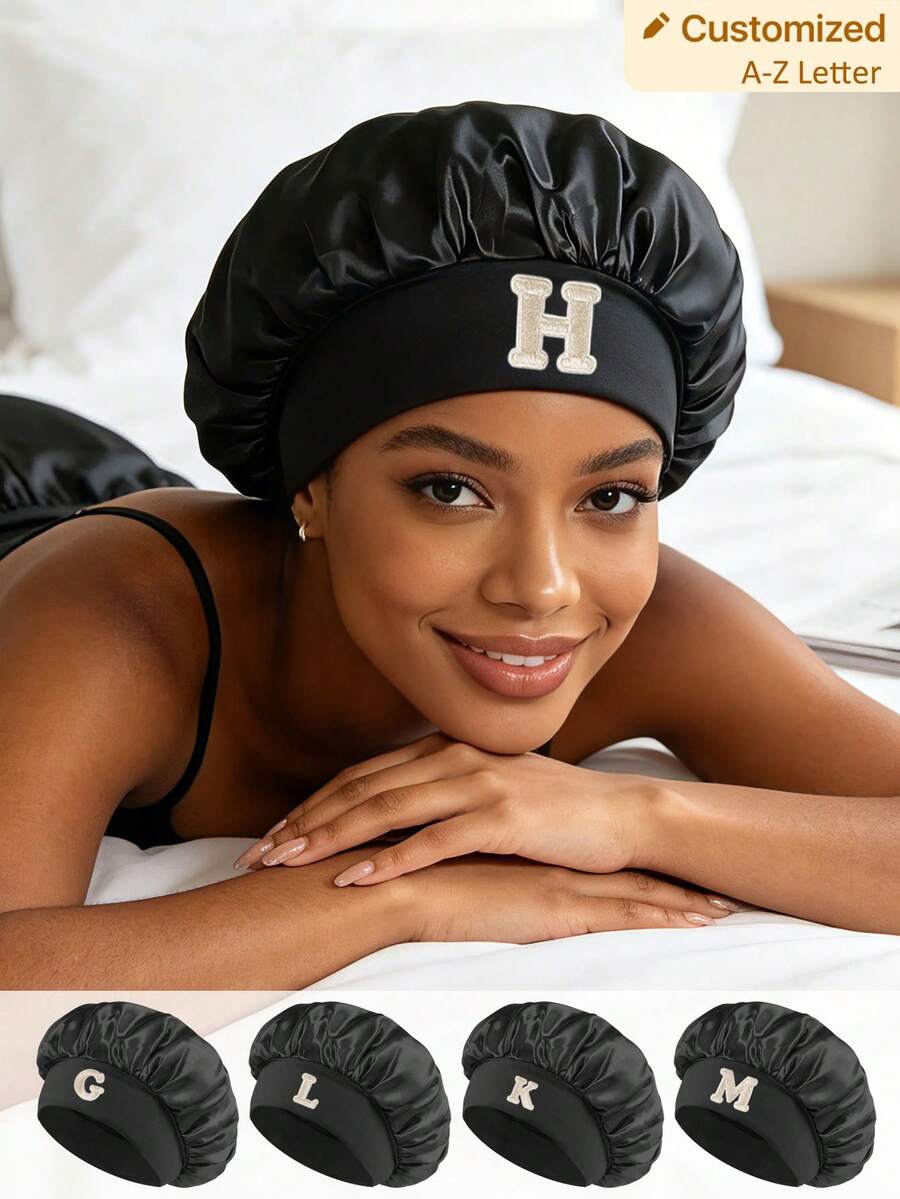 1 pieza Gorro de dormir de satén de seda sintética para mujer, gorro de dormir de tamaño grande con 26 letras para cabello rizado trenzado, adecuado para dormir y uso de belleza diario - Negro - Ver 1
