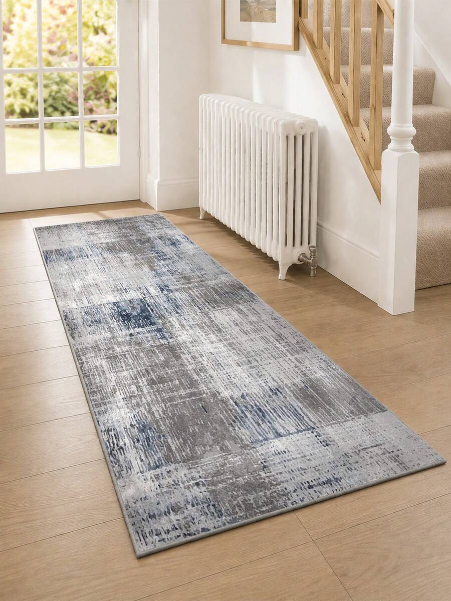 Modern Abstract Gray Blue Long Runner Rug, Non-Slip Jelly Backing, Machine Washable, Suitable For Hallway, Kitchen, Entryway, Laundry Room And Bedside - Grey - View 1