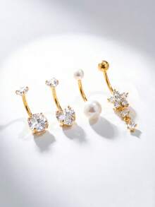 4Pcs CZ Inlaid Belly Ring Set Round Heart Pearl Flower Pendant Stainless Steel Navel Piercing Jewelry Daily Party Festival Wear - 4-piece Set - View 8
