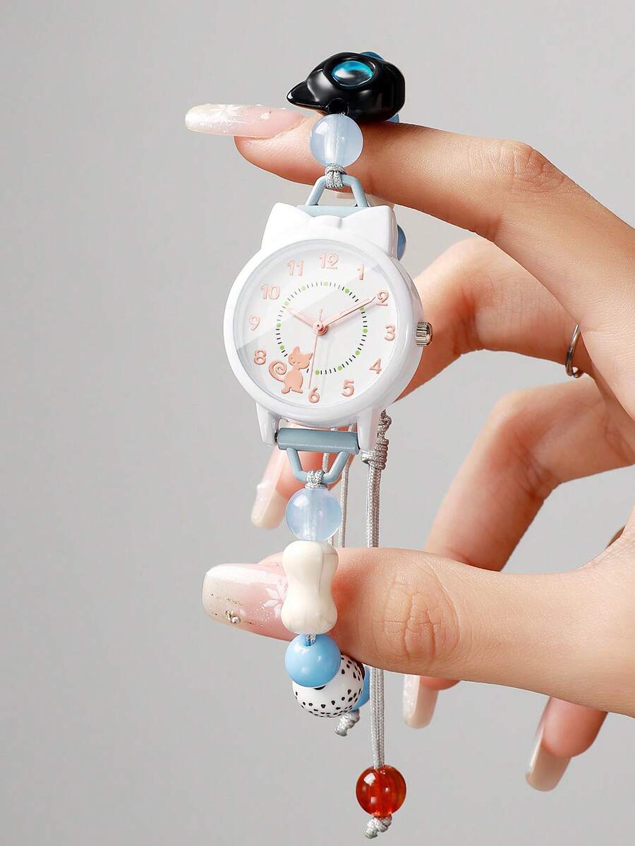 Women's Adjustable Cord Cat Beaded Watch With Bowknot Cat Dial, Versatile Niche Quartz Wristwatch, Gift For Girlfriend (1pc/Set) Watch Box Not Included - Blue - View 1