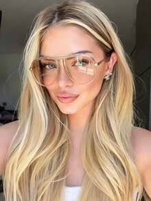 1 Pair Women's Metal Oval Frame Vintage Double Bridge Fashion Aviator Glasses, Suitable For Vacation Beach, Women's Fashion Glasses, Summer Beach Vacation, Outdoor, Travel - Champagne - View 3