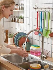 Kitchen Soap Dispenser, Plastic Soap Sponge Holder And Sponge, Dish Soap Dispenser, Space-Saving Kitchen Sink Dishwashing Organizer, Convenient Manual Soap Pump, For Home Cleaning, Kitchen Accessories, Kitchen Storage, Bathroom Accessories - Multicolor - View 5