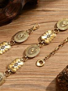 1pc Fashionable Vintage Personalized Floral Pattern Round Disc Asymmetrical Square Pattern Round Disc Patchwork Circular Waist Chain Suitable For Women's Daily Wear, Vacation And Party - Gold - View 3