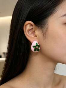 1 par de pendientes de botón ovalados vintage con detalle floral dorado, joyería de estilo elegante para mujeres, perfecto para fiestas, banquetes y uso diario - Rosa Pálido - Ver 2