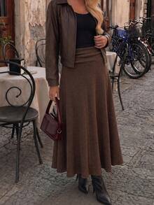 Women's Solid Color Ruched Waist Casual Commute Skirt - Brown - View 3