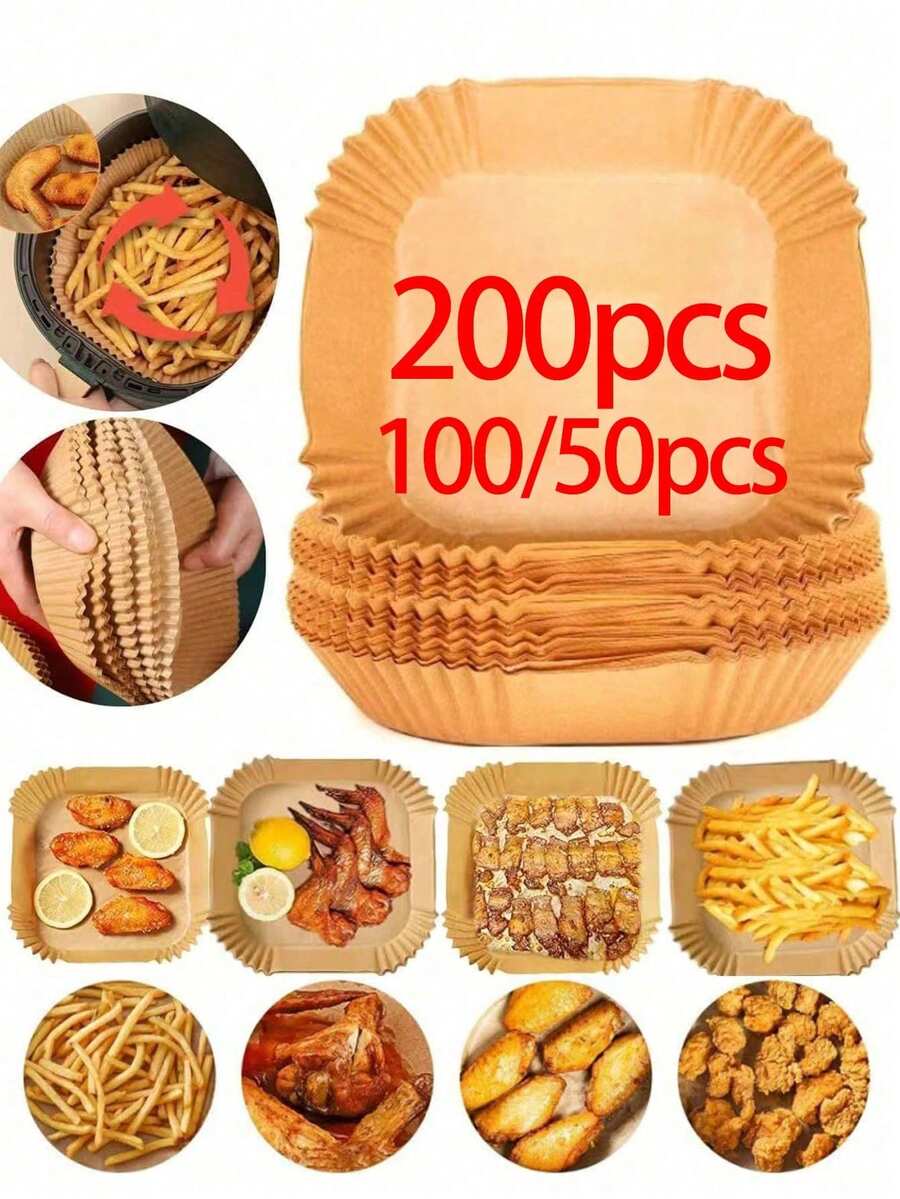 200/100/50片 6英吋氣炸鍋紙，氣炸鍋紙配件，食物籃內襯，盤墊，食物托盤吸油紙，炸雞與薯條墊，派對聚會烘焙配件，萬聖節食物墊，聖誕節