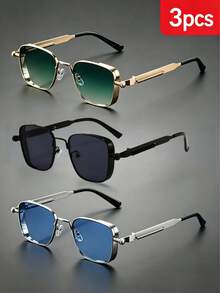 2026 New 1-3 Pairs Men's Square Frame Gold/Silver Retro Steampunk Metal Frame Fashion Glasses, Suitable For Old Money Style, Events, Parties, Holidays - Multicolor - View 2