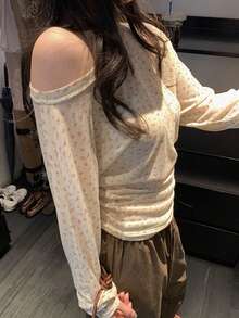 Autumn Outfit Asymmetrical Shoulder Ruched Waist Design Elegant Ditsy Floral Long Sleeve T-Shirt Casual - Apricot - View 3