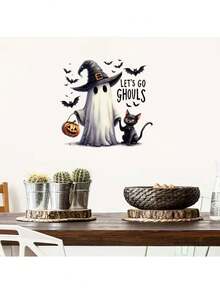 2PCS Wizard Ghost Black Cat Pumpkin Bucket Bat Let's Go Ghoul Watercolor Halloween Removable Self-Adhesive Wall Decals Suitable For Restaurant Living Room Kitchen Cute Ghost Holiday Home Decor - Wizard Ghost Black Cat - View 1