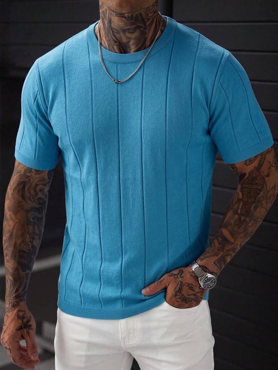 Men's Spring/Summer Ribbed Crew Neck Thin Loose Knit Short Sleeve Sweater