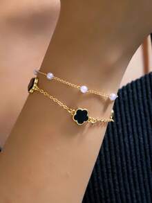 1pc European & American Cross-Border Five-Petal Flower Double Layer Stackable Bracelet, Fashionable High-End Versatile Bracelet Jewelry - Multicolor - View 7