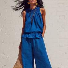 New Summer Casual Linen Two-Piece Women's Sleeveless Ruffled Wide-Legged Pants Suit - 藍色 - 查看 2