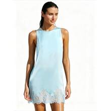 New Satin Collage Lace Cutout Lace Hem Dress Peplum Tank Dresses - 天藍色 - 查看 2