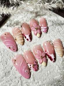 Handmade 3D Flower Diamond Pearl Sequin Round Fake Nails For Women, Medium Length Nail Patches Handmade Press On Nails - Pink - View 2