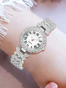 4PCS/3PCS Optional Accessories Women's Silver Rhinestone Watch Bracelet Set, Vintage Roman Dial White Face, Paired With Heart Bracelet, Single Row Rhinestone Bracelet And 8-Shaped Rhinestone Bracelet, Stainless Steel Material, Luxurious And Sparkling, Elegant And Noble, Perfect Gift For Girlfriend, Best Friend, Graduation, Anniversary, Suitable For Various Occasions, Easily Create A Noble Lady Style - Silver - View 9