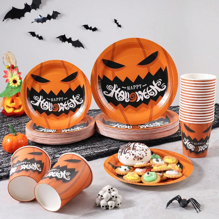 10/30/50pcs Vintage Orange Jack Pumpkin Face 7/9 Inch Round Paper Plates & Cups Set, Pumpkin Pattern Detail, Quick Table Setup, Halloween Party, Spooky Season, Dessert Table, Outdoor Picnic, Camping BBQ Disposable Paper Tableware - Multicolor - View 1
