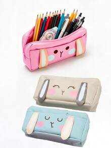 1pc Cute Rabbit Face Canvas Stationery Bag, Large Capacity Student Stationery Storage Pouch - A - View 2