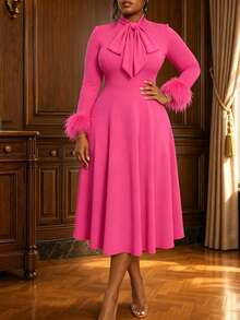 Elegant Women's Mid-Length Dress With Feather Trim Sleeves And Bow Collar Details - Hot Pink - View 9