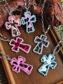 1 buah Kalung Salib Motif Leopard Bulu Kuda Berwarna-warni Rantai Antik dengan Liontin Salib Berhiaskan Berlian Imitasi, Perhiasan Rantai Leher Berlapis Gaya Barat untuk Wanita - kalung - View 1