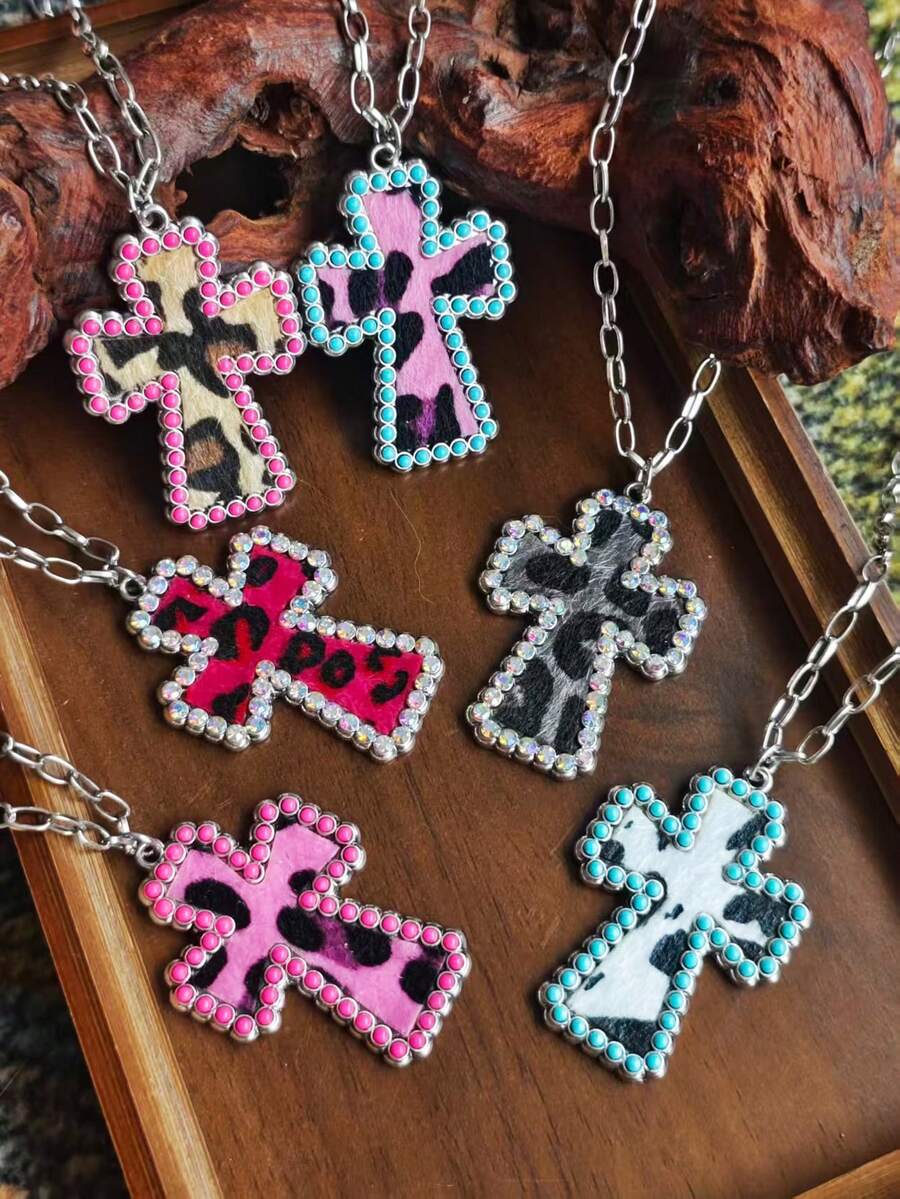 1 buah Kalung Salib Motif Leopard Bulu Kuda Berwarna-warni Rantai Antik dengan Liontin Salib Berhiaskan Berlian Imitasi, Perhiasan Rantai Leher Berlapis Gaya Barat untuk Wanita - kalung - View 1