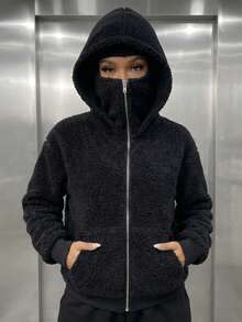 Women's Casual Fleece Balaclava Zip Up Mask Hooded Sweatshirt , Loose Fit, Face And Head Coverage, Autumn/Winter , Black Fall - Black - View 4