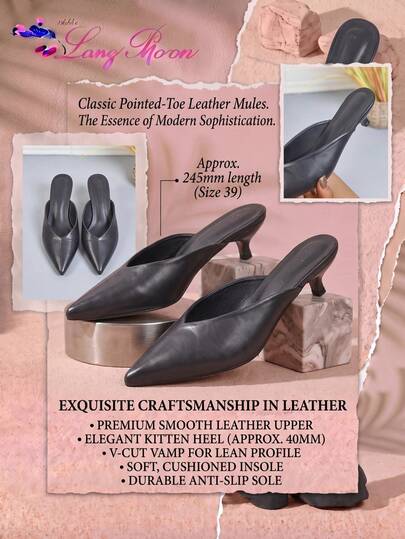 LangMoon Ashlee LangMoon 2026 Zapatillas Mula de Tacón Gatito con Punta Afilada de PU Negro Puro Vintage, Cojín Suave Minimalista y Liso, Zapatos Elegantes Versátiles para Mujer para Desplazamientos y Citas