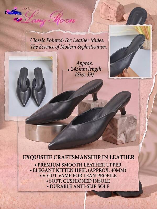 LangMoon Ashlee LangMoon 2026 Vintage Pure Black PU Pointed Toe Kitten Heel Mule Slippers, Smooth Minimalist Soft Cushion, Versatile Commute & Date Elegant Women's Shoes