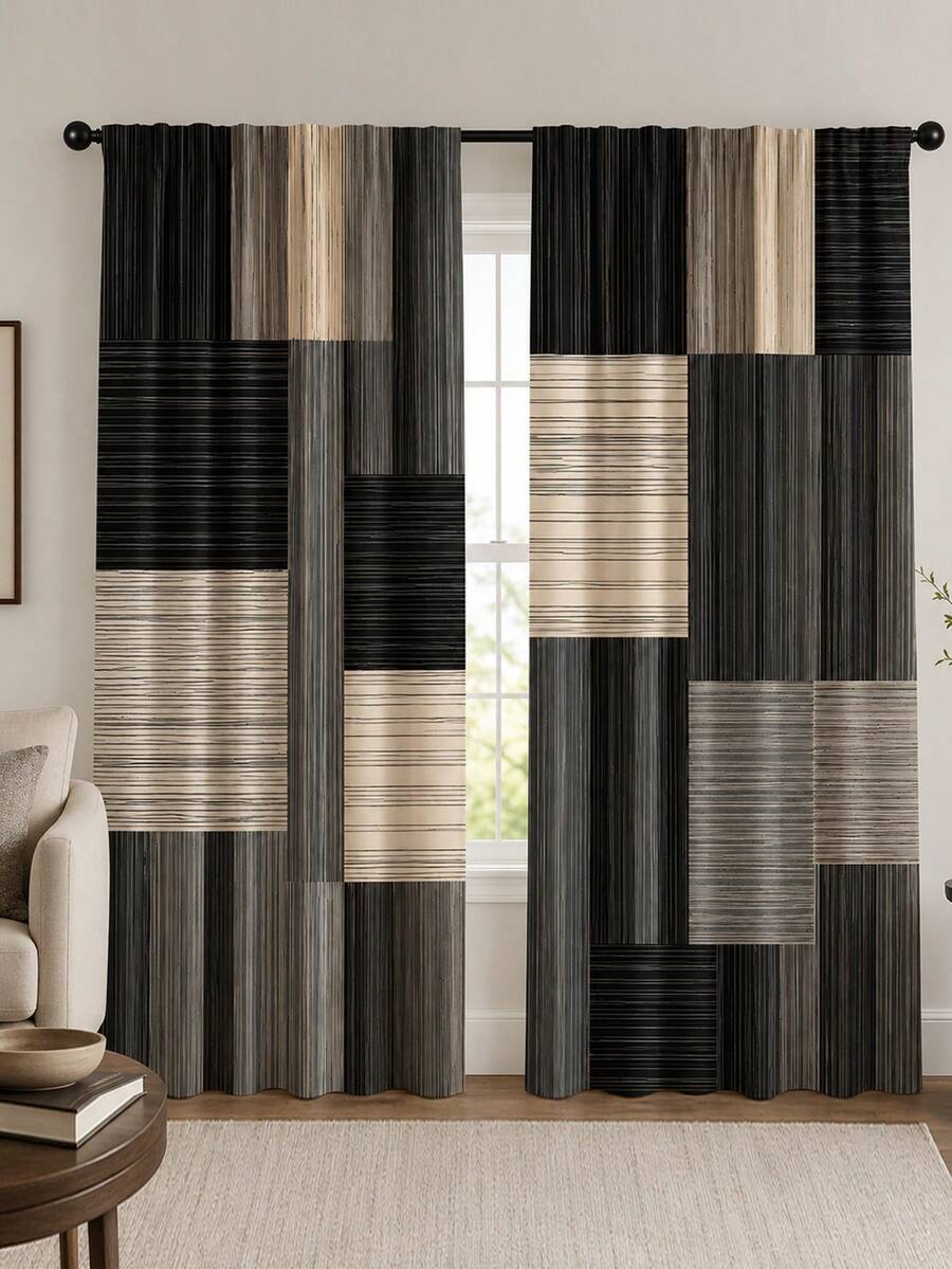 2pcs Modern Geometric Semi-Sheer Curtains, Rod Pocket Curtain Fabric, Vintage Patchwork Wood Grain Color Block Striped Digital Print Privacy Blackout Filter Curtain Panels, Polyester Machine Washable Window Decor, Suitable For Bedroom Living Room Office Home Decoration