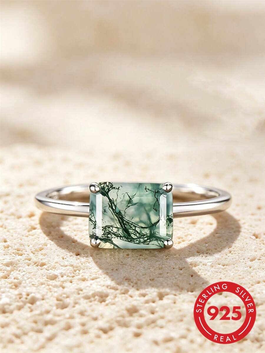 Elegant 925 Sterling Silver Square Agate Ring, Ladies Engagement/Wedding Anniversary Birthday Gift, Premium Fine Jewelry - Green - View 1