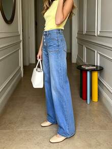 Women's Straight Leg Washed Button Fly Casual Jeans - Light Wash - View 2