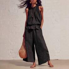New Summer Casual Linen Two-Piece Women's Sleeveless Ruffled Wide-Legged Pants Suit - 黑色 - 查看 2