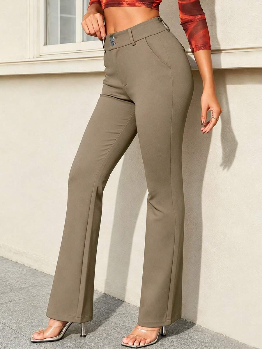 Apperloth A Pantalones de corte slim con cintura elástica, bolsillos, abertura frontal con doble hebilla y estilo vintage de unicolor para primavera - Caqui - Ver 1