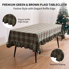 1pc Brown Green Beige Classic Scottish Plaid Tablecloth, Natural Vintage Style Fabric, Rectangular With Ruffle Edge And Pleated Detail, Decorative And Functional For Home Long Table, Suitable For Christmas, Family Dinner, Party And Winter Holiday Home Decor - Dark Green - View 6