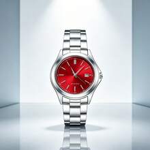 1pc Unisex Silver Stainless Steel Quartz Watch With Red Sunburst Bar-Index Date Dial, Water-Resistant Business And Casual Quartz Wristwatch - one-size - View 4
