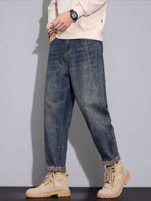 Men Split Seam Detail Vintage Wash Tapered Jeans Casual Baggy Denim Pants - Blue - View 3