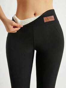 Women's Fleece Lined Thermal Leggings, Winter Thickened High Waist Soft Elastic Warm Pants, Suitable For Cold Weather Black Fall - Black - View 2