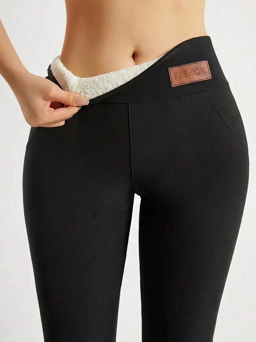 Women's Fleece Lined Thermal Leggings, Winter Thickened High Waist Soft Elastic Warm Pants, Suitable For Cold Weather Black Fall