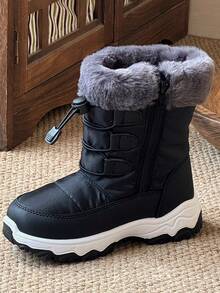 兒童雪地靴，男孩女孩通用雪地靴，戶外靴，露營靴，保暖加厚 - 黑色 - 查看 3
