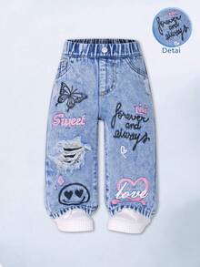 Baby Girls' Letter Heart Butterfly Flower Denim Effect Print Elastic Waist Straight Leg Pants 6-9 Months 0-3 Years Old - Blue - View 1