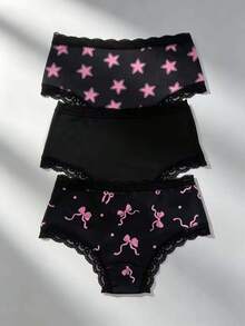 ROMWE Kawaii 3PCS Pink Star Polka Dot Bow Tie Tie-Up Print Pattern Black Lace Patchwork Y2K Sweet Style Comfortable Women's Triangle Panties - Multicolor - View 2