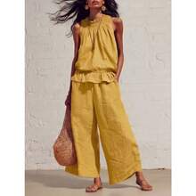 New Summer Casual Linen Two-Piece Women's Sleeveless Ruffled Wide-Legged Pants Suit - 黃色 - 查看 3