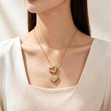 1pc Women's Stainless Steel European American Ins Style Double Layer Double Heart Full Rhinestone Necklace, 18K Gold Plated Titanium Steel Hollow Heart Studded Collarbone Chain, Dating Gift Accessory - Multicolor - View 3