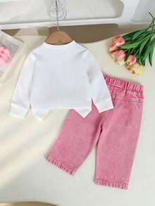 Young Girl Cartoon Print Crew Neck Long Sleeve Warm Sweatshirt And Denim Jeans - White - View 2