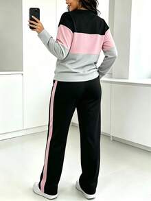 2pcs/Set Color-Block Round Neck Long Sleeve T-Shirt And Long Pants - Autumn, Winter Casual Elegant - Multicolor - View 4