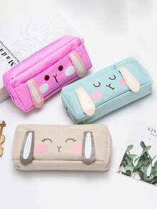 1pc Cute Rabbit Face Canvas Stationery Bag, Large Capacity Student Stationery Storage Pouch - A - View 5