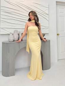 Vestido ajustado de punto con estampado de malla para mujer, vestido de verano, vestido de vacaciones, elegante para fiestas. - Amarillo claro - Ver 1