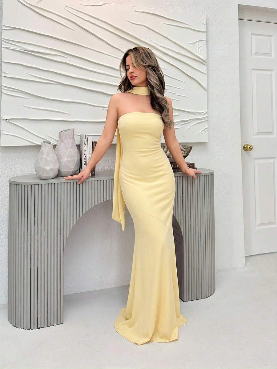 Vestido ajustado de punto con estampado de malla para mujer, vestido de verano, vestido de vacaciones, elegante para fiestas. - Amarillo claro - Ver 1
