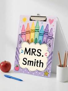 1pc Custom Teacher Name Rainbow Crayon Box Clipboard, Personalized Cute Apple Sun Girly Writing Board, Teacher Appreciation Gift,Back To School,Office Desk Decor,Teacher Gift - Multicolor - View 16