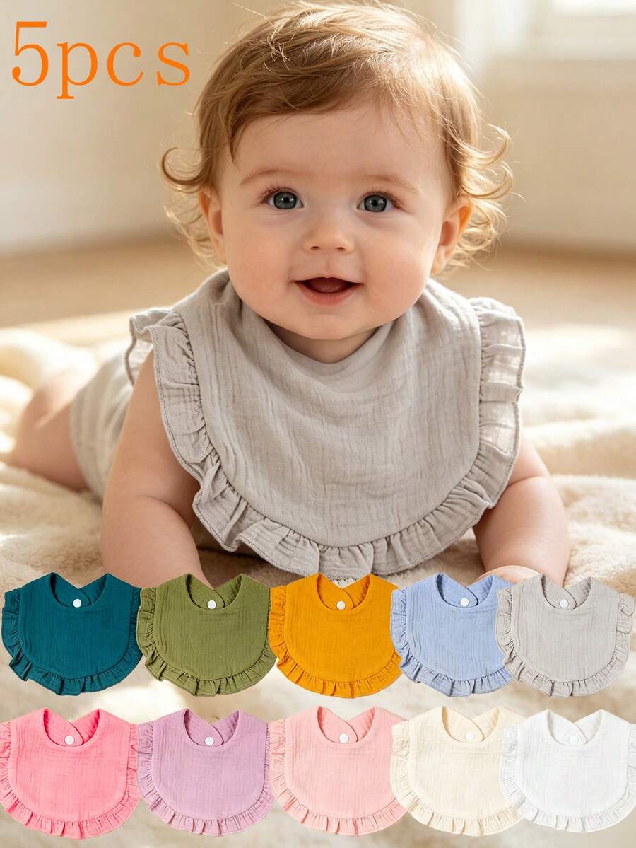 5pcs Solid Color Soft Ruched Bibs For Infants And Toddlers, Suitable For Boys And Girls, All Seasons, Daily Wear - Multicolor - View 1